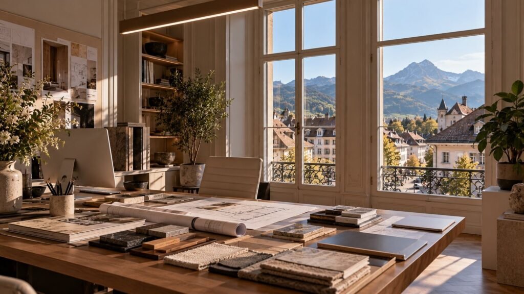 Sensuri-Designatelier in Bulle mit Materialmustern und Bergblick