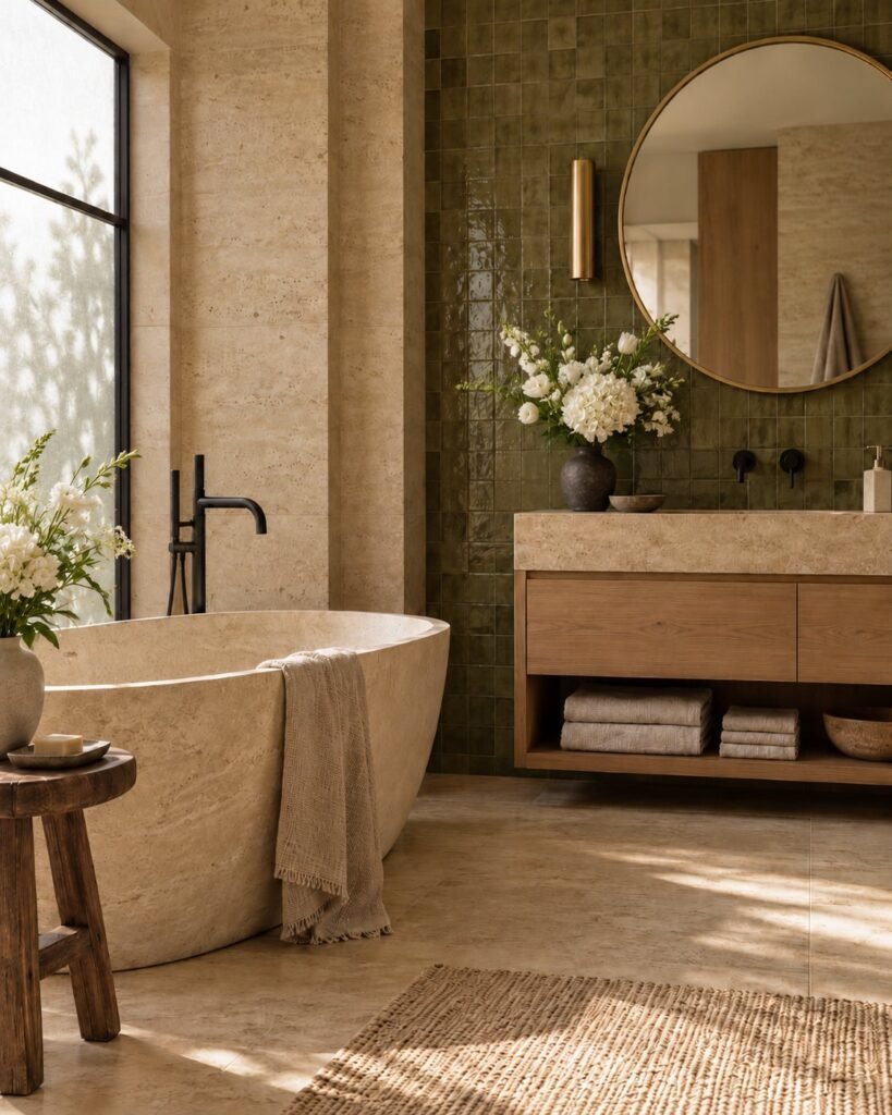 Badezimmer mit freistehender Steinbadewanne, Travertinwänden und grünen Zellige-Fliesen