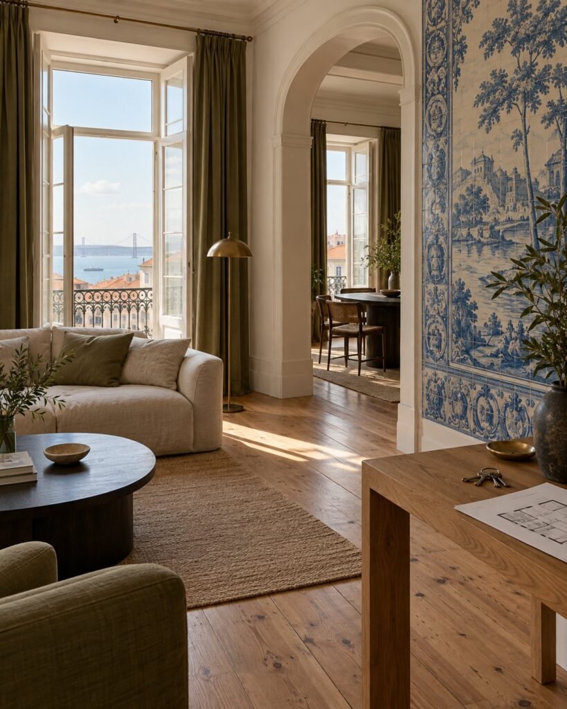 Renovierte Wohnung in Lissabon mit Azulejo-Wand, Rundbogen und Blick auf den Tejo