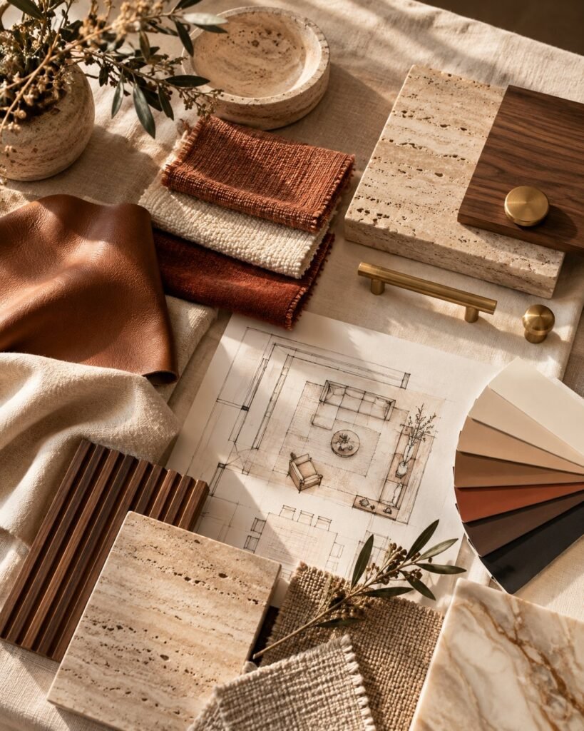 Moodboard mit Mustern aus Leder, Leinen, Travertin, Nussbaum und Messing
