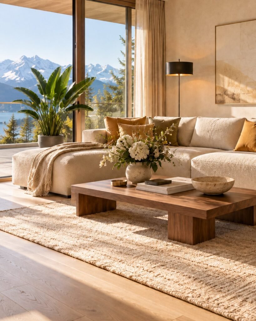 Für den Verkauf gestaltetes Wohnzimmer mit cremefarbenem Sofa, Nussbaumtisch und Bergblick