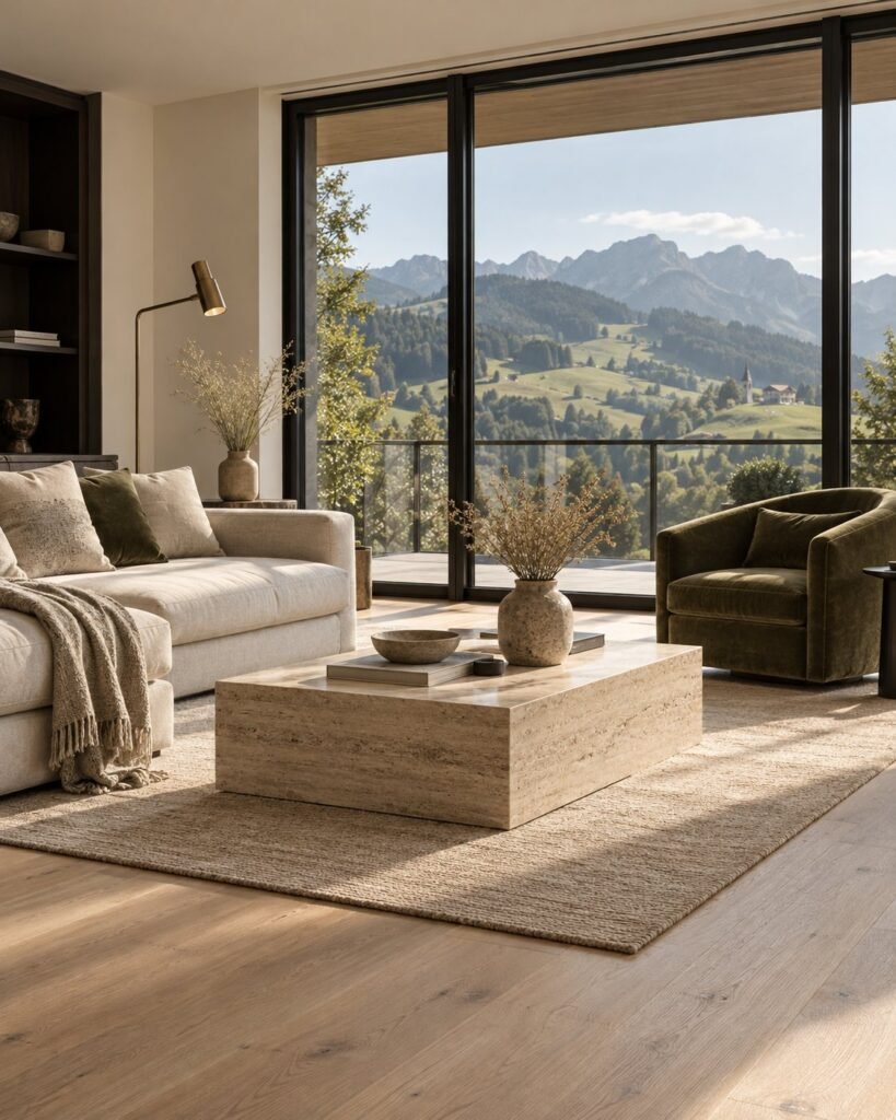 Renoviertes Wohnzimmer mit Couchtisch aus Travertin und Blick auf die Hügel des Greyerzerlands