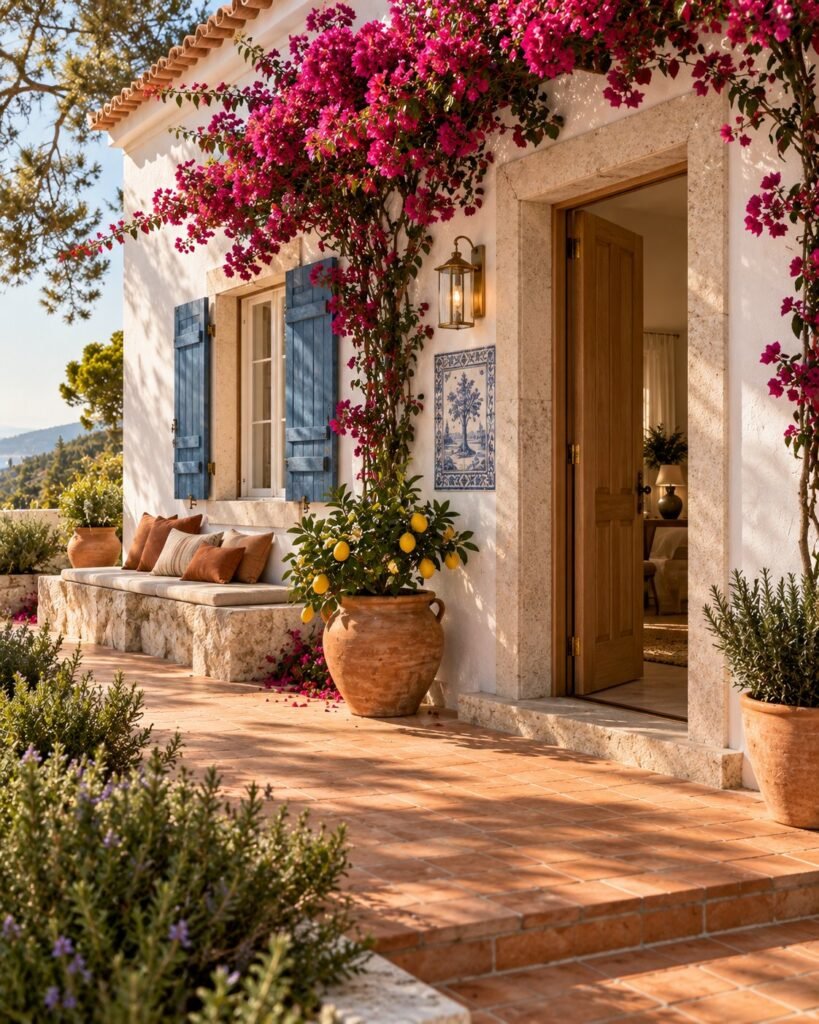 Weiss getünchtes Haus an der Algarve mit Bougainvillea, blauen Fensterläden und Zitronenbaum